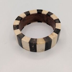 Chunky Black White Striped Bone Horn Wood Bangle Bracelet Boho Artis